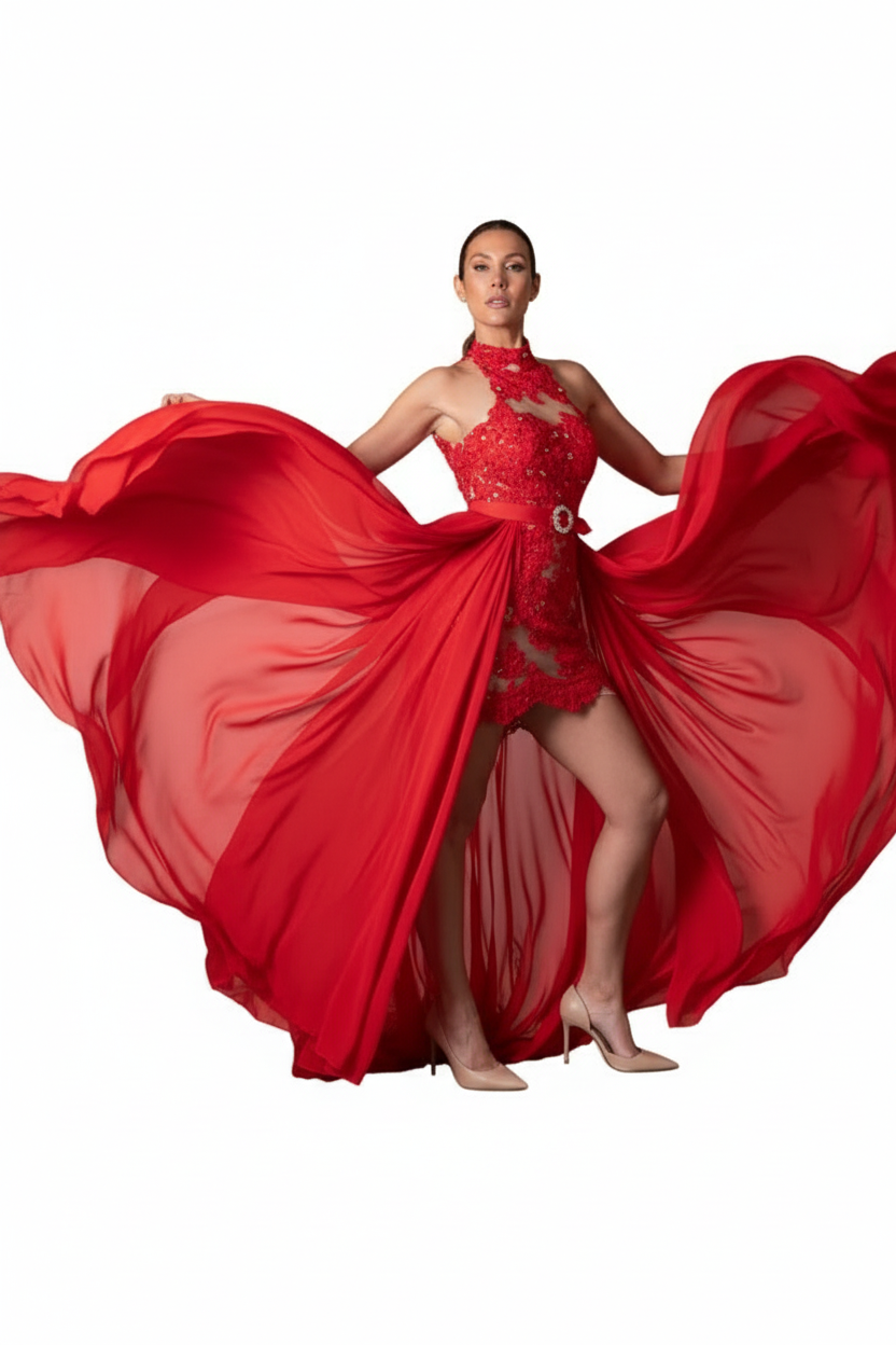 Embroidered cocktail dress with detachable silk train | HEIDI GOWN