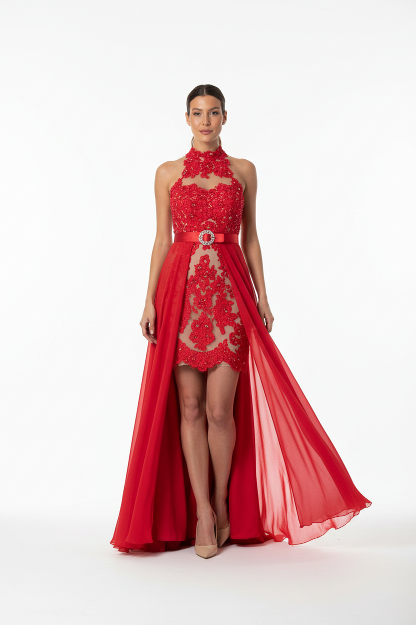 Embroidered cocktail dress with detachable silk train | HEIDI GOWN