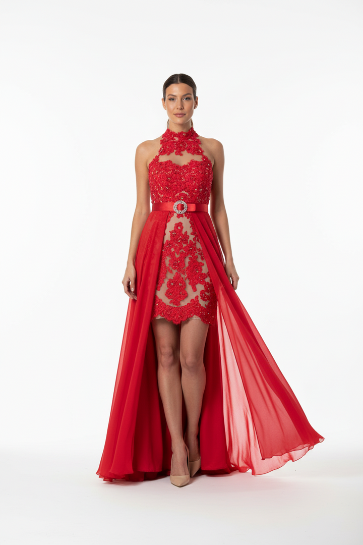 Embroidered cocktail dress with detachable silk train | HEIDI GOWN