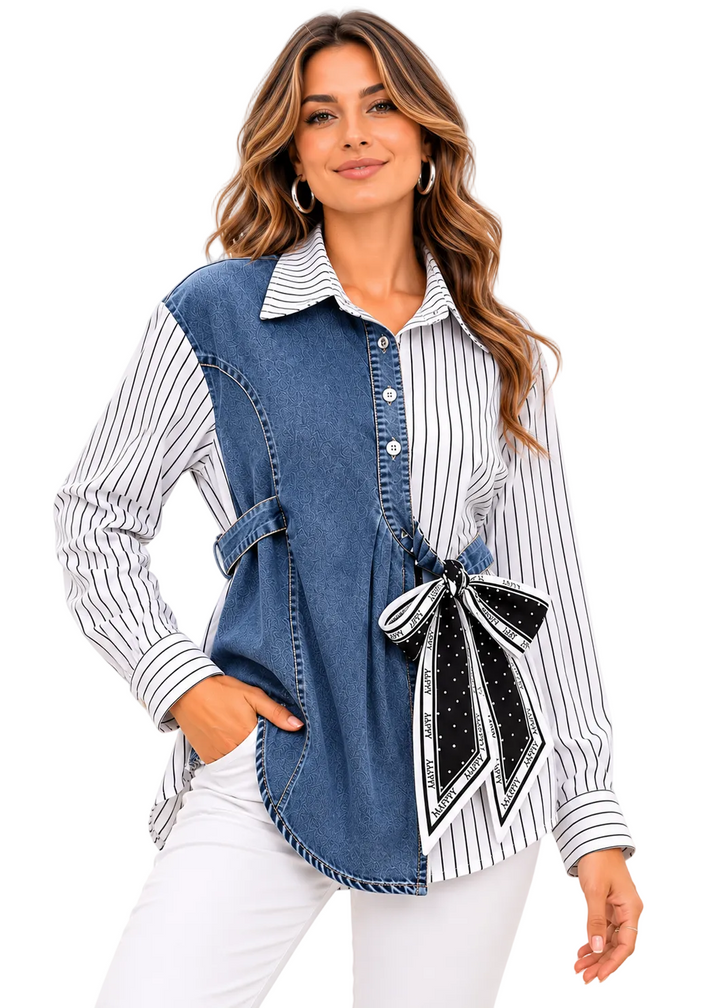 Novelle Contrast Denim Tie Shirt By Runway Secrets