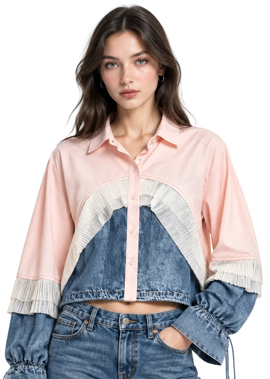 Aurevane Pleated Denim Fusion Jacket By Runway Secrets