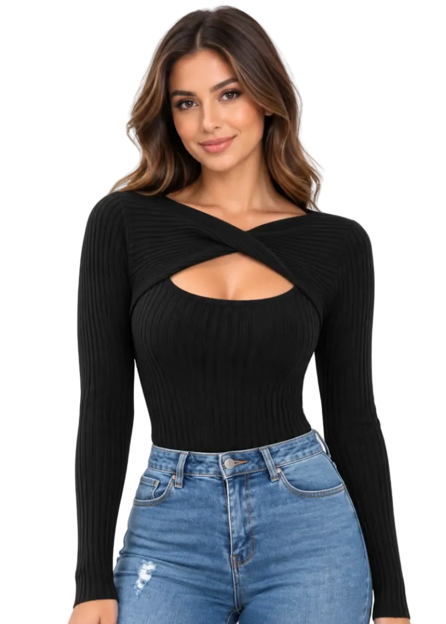 Corvessa Twist Front Rib Knit Top By Runway Secrets