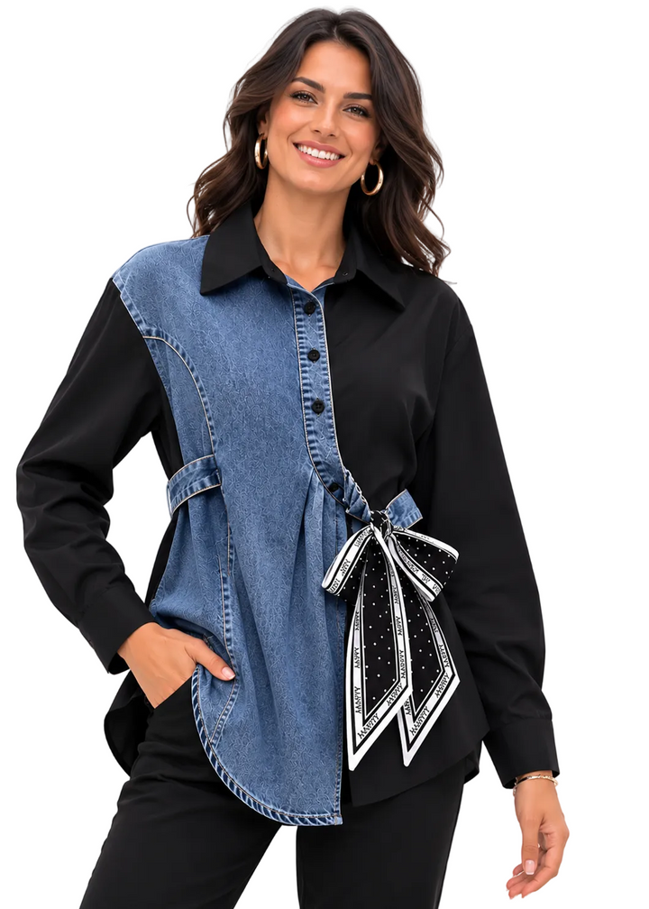 Novelle Contrast Denim Tie Shirt By Runway Secrets