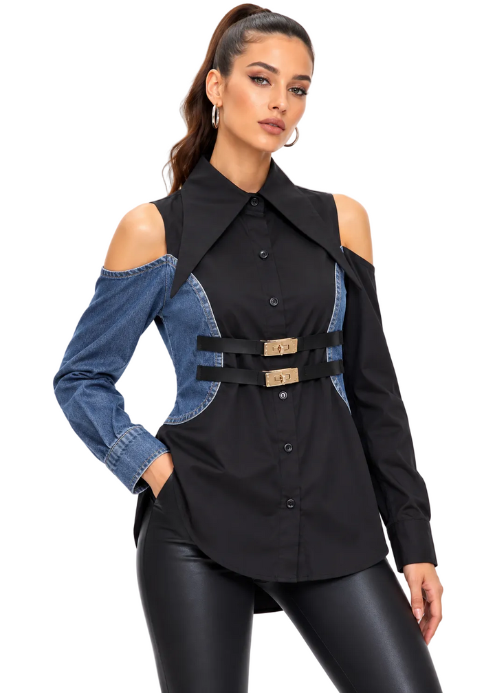 Zenvielle Buckle Denim Shirt By Runway Secrets