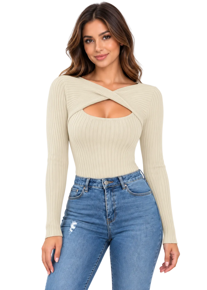 Corvessa Twist Front Rib Knit Top By Runway Secrets