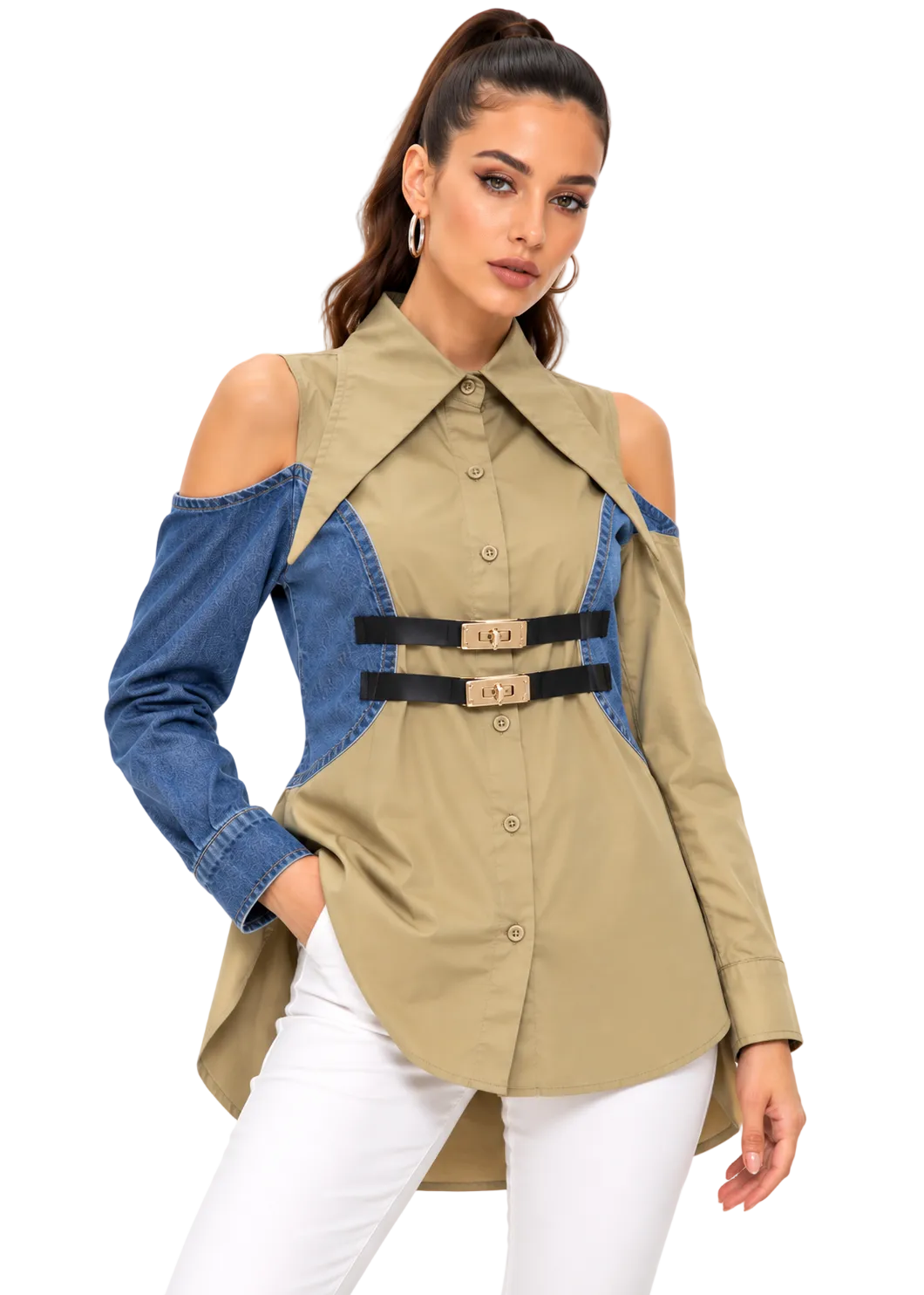 Zenvielle Buckle Denim Shirt By Runway Secrets