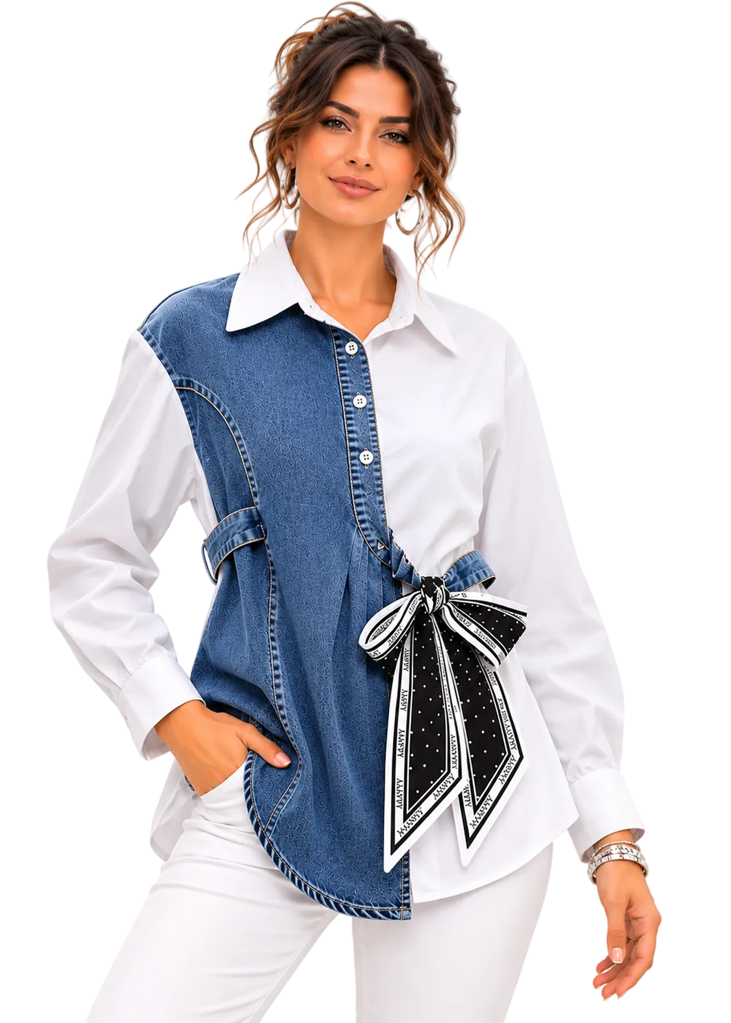 Novelle Contrast Denim Tie Shirt By Runway Secrets
