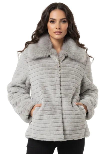 LUXE GREY HOODED FAUX FUR JACKET BY SABENA