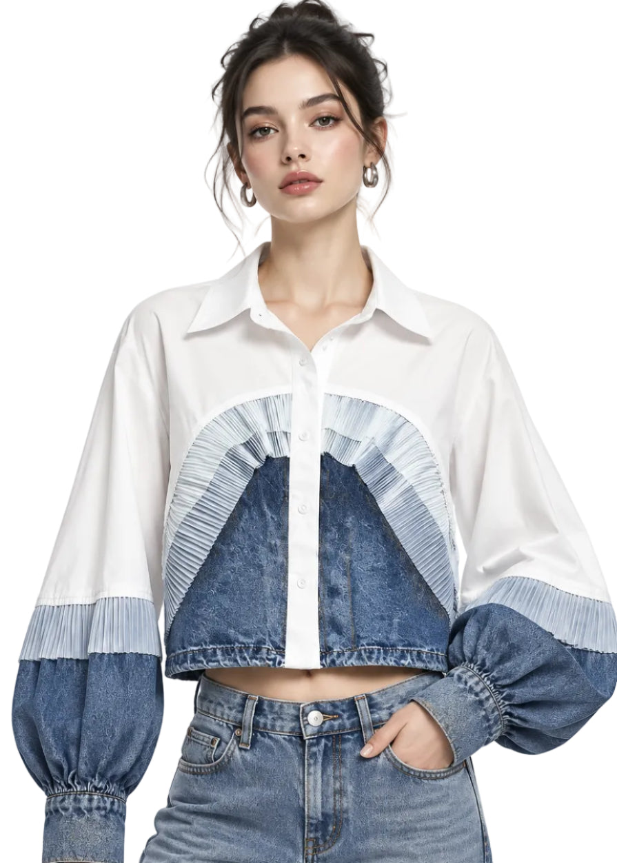 Aurevane Pleated Denim Fusion Jacket By Runway Secrets