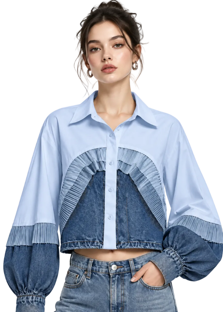 Aurevane Pleated Denim Fusion Jacket By Runway Secrets