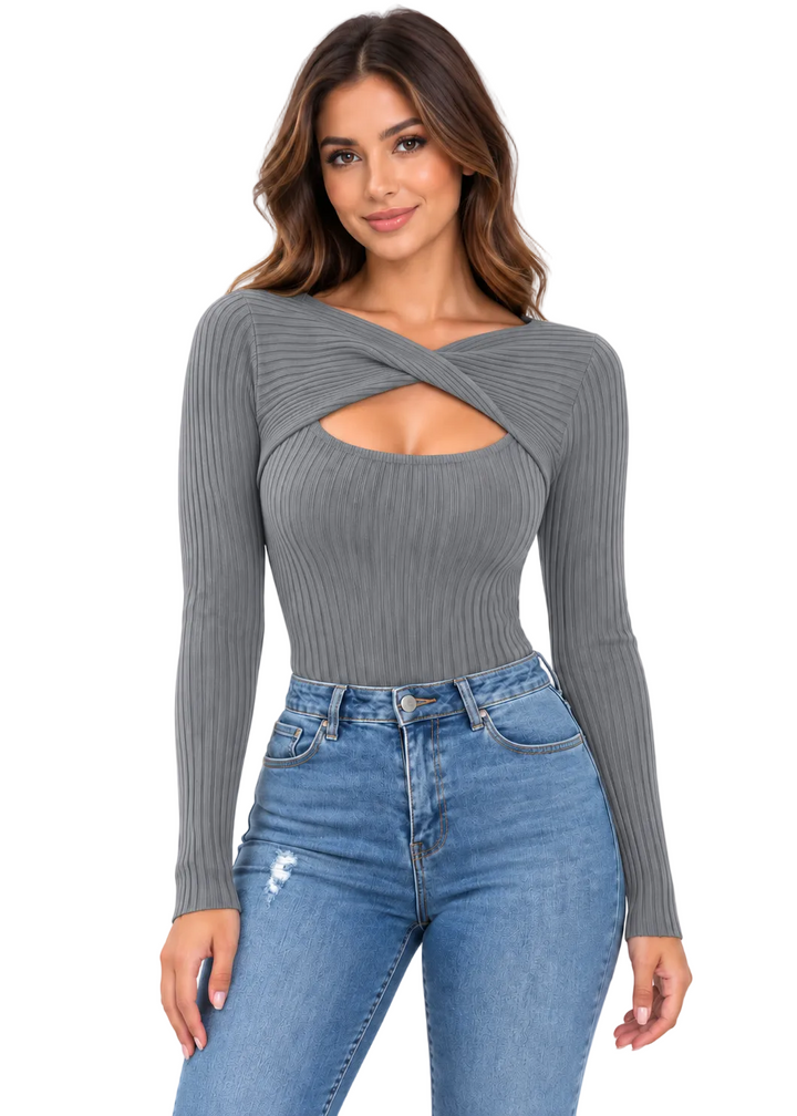 Corvessa Twist Front Rib Knit Top By Runway Secrets