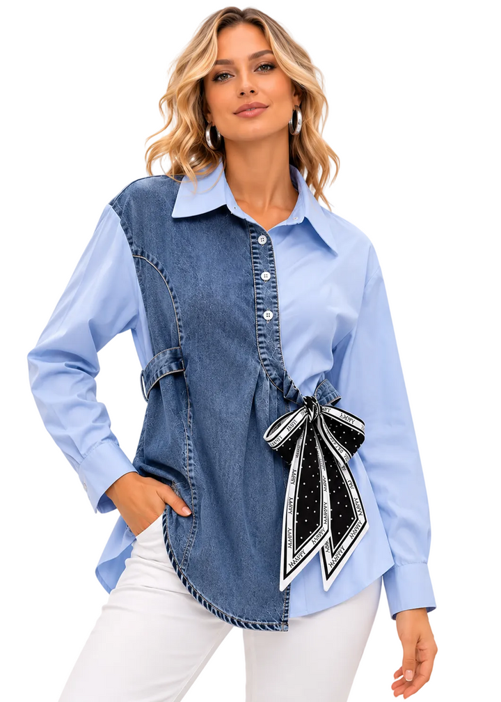 Novelle Contrast Denim Tie Shirt By Runway Secrets