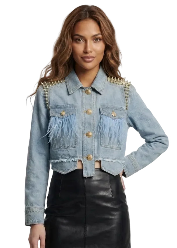 Rivetta Feather & Stud Cropped Denim Jacket By Runway Secrets