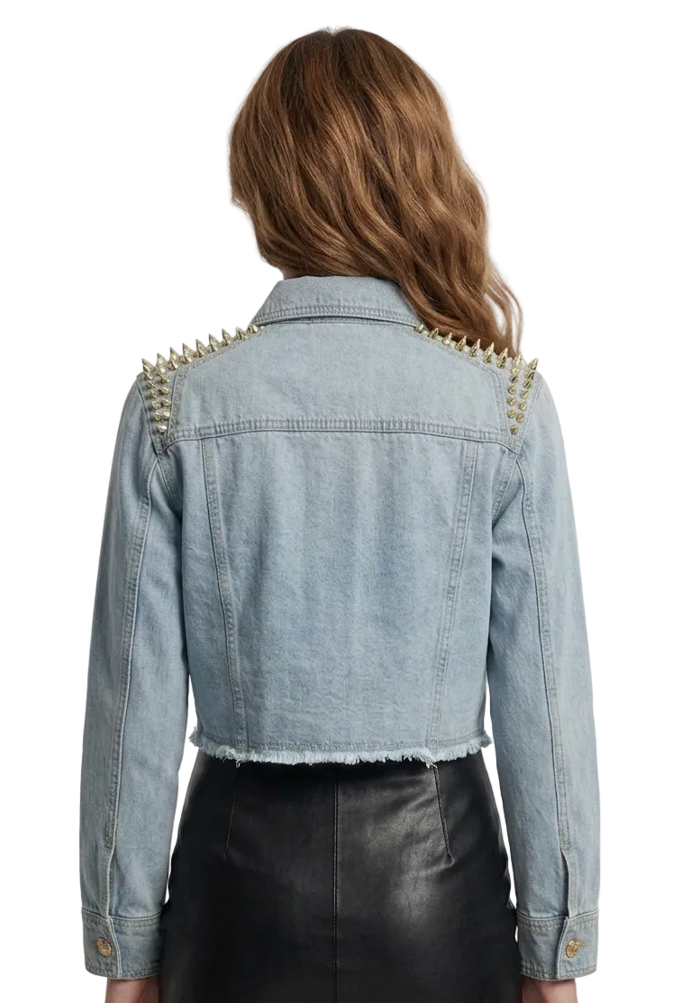 Rivetta Feather & Stud Cropped Denim Jacket By Runway Secrets
