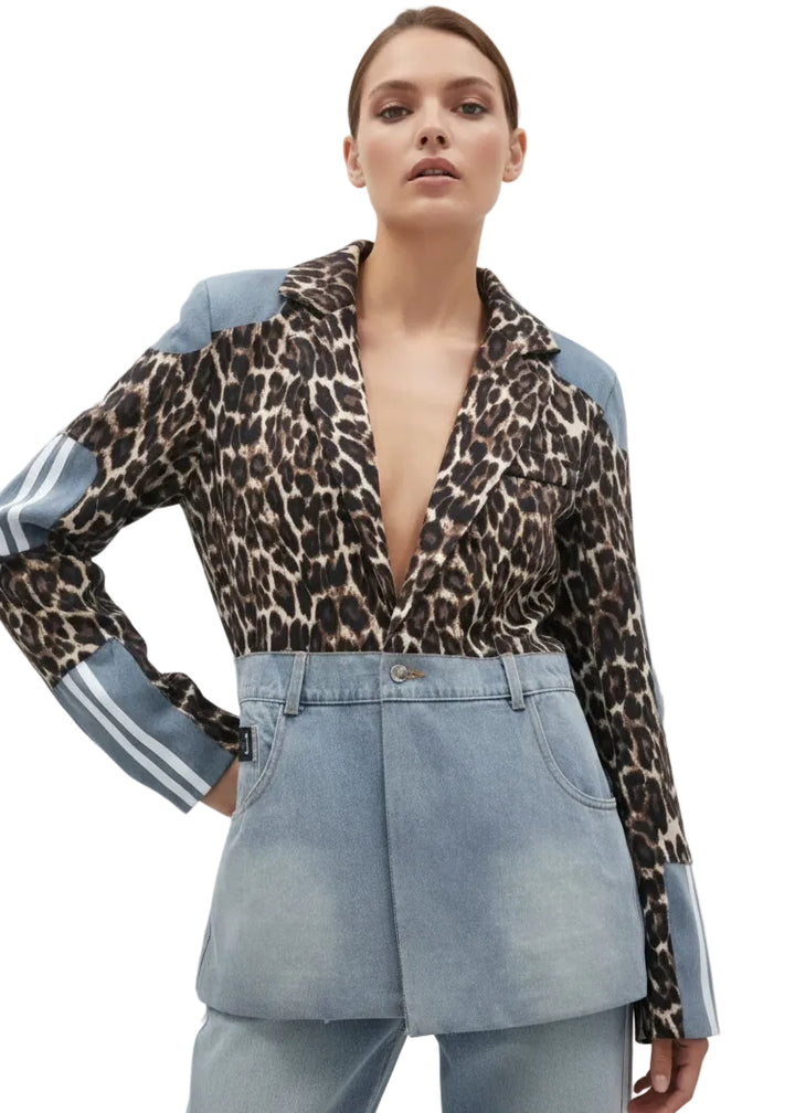 Women’s Leopard Print Denim Patchwork Blazer by Runway Secrets