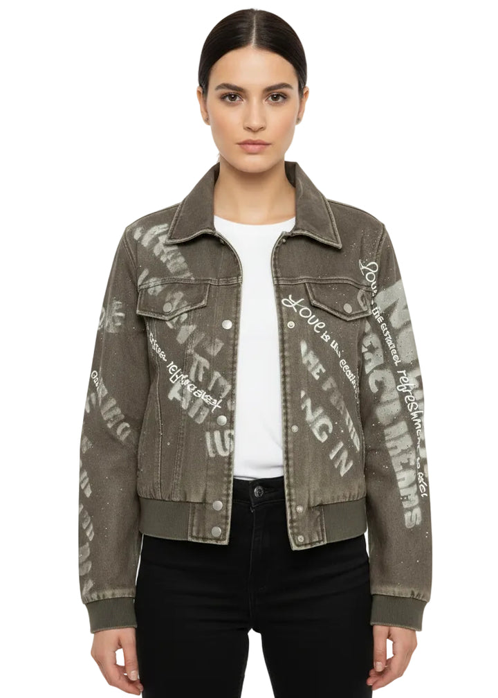 FAUX LEATHER GRAPHIC BIKER JACKET BY ANGELA
