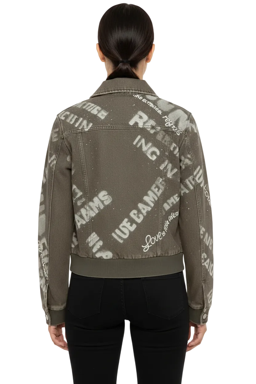 FAUX LEATHER GRAPHIC BIKER JACKET BY ANGELA