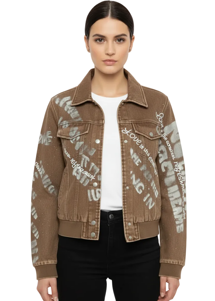 FAUX LEATHER GRAPHIC BIKER JACKET BY ANGELA