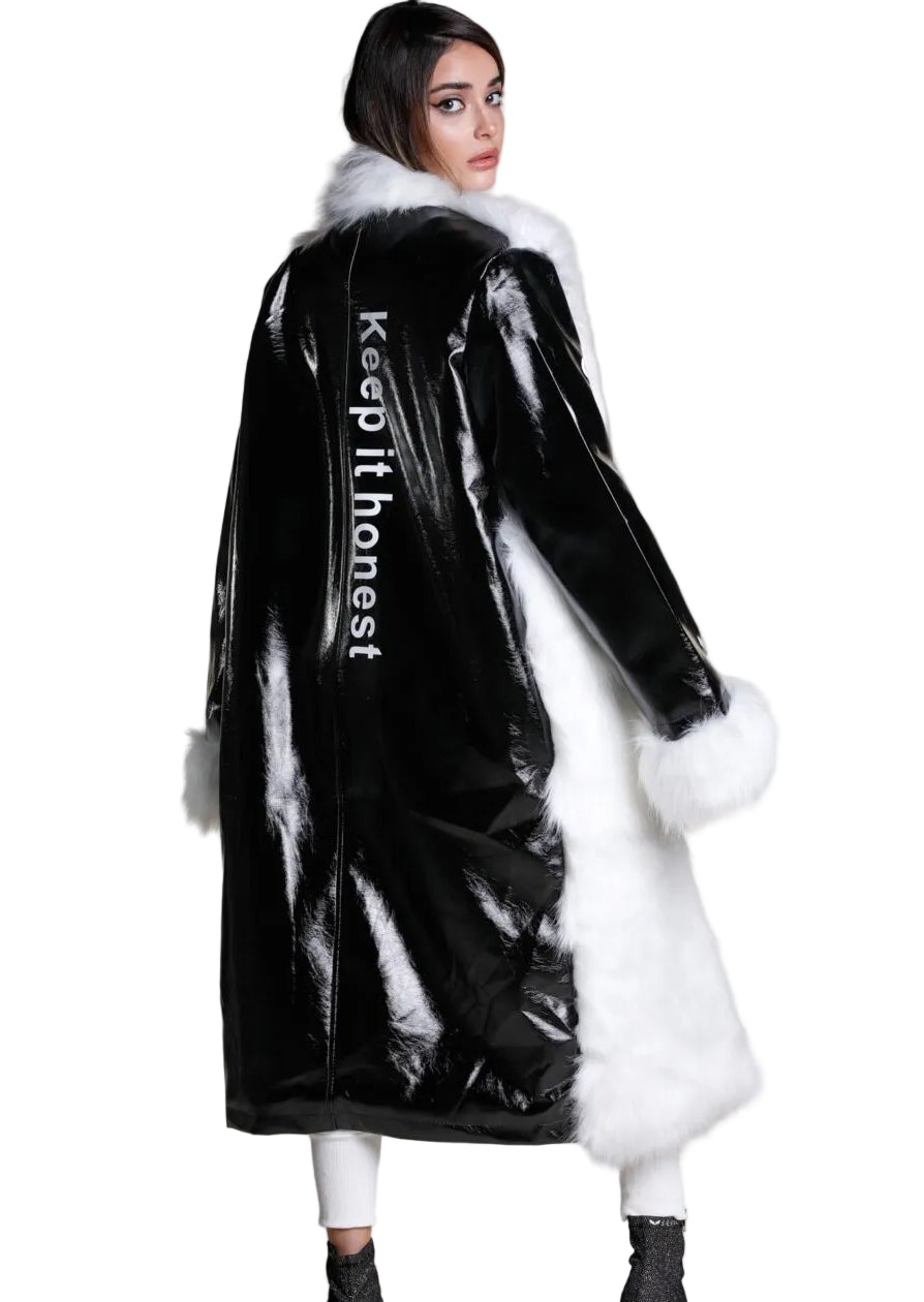 Black vinyl and white faux fur coat | Runway Secrets