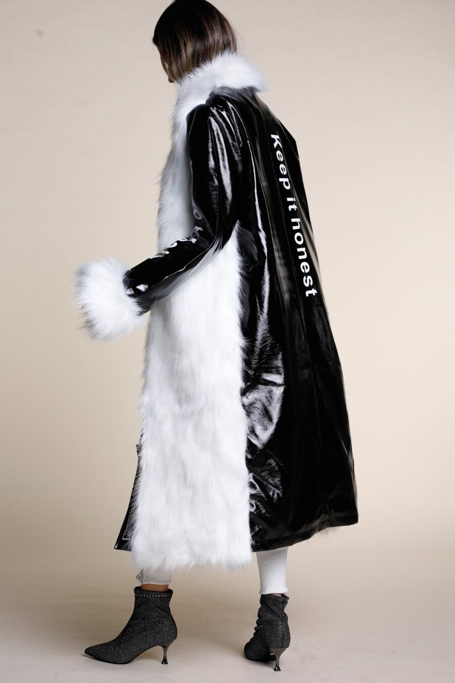 Black vinyl and white faux fur coat | Runway Secrets