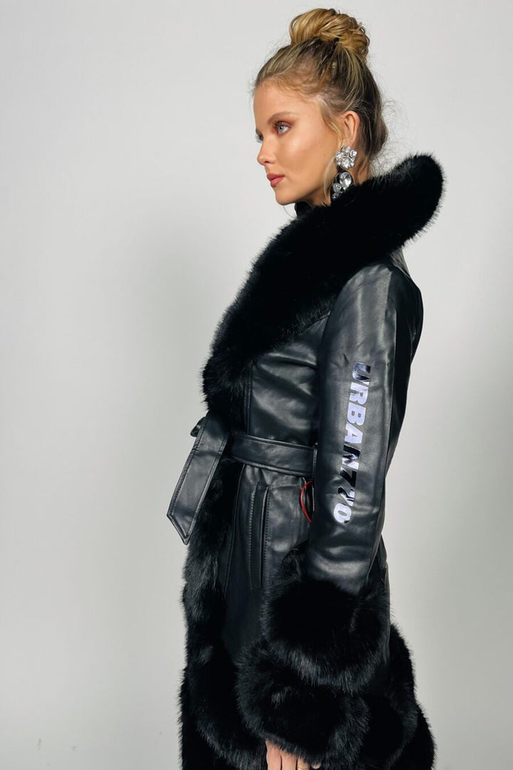 Midi Black Elegant Faux Fur and Leather Coat at Runway Secrets