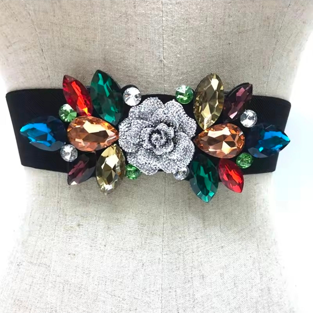 Crystal Bloom Stretch Belt by Runway Secrets