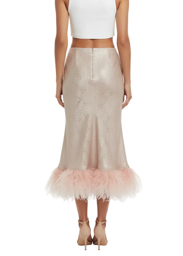 Long satin feather skirt | GLAMOUR SUIT SKIRT BY SEVEN SEVENTY