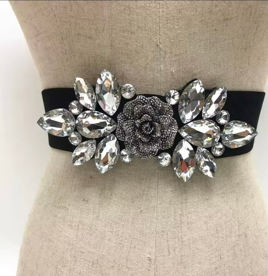 Crystal Bloom Stretch Belt by Runway Secrets