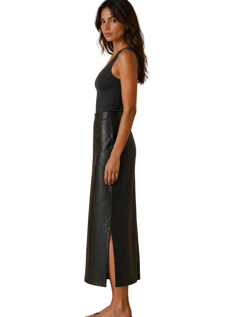 NOIR ELEGANCE VEGAN LEATHER MIDI SKIRT BY SURII