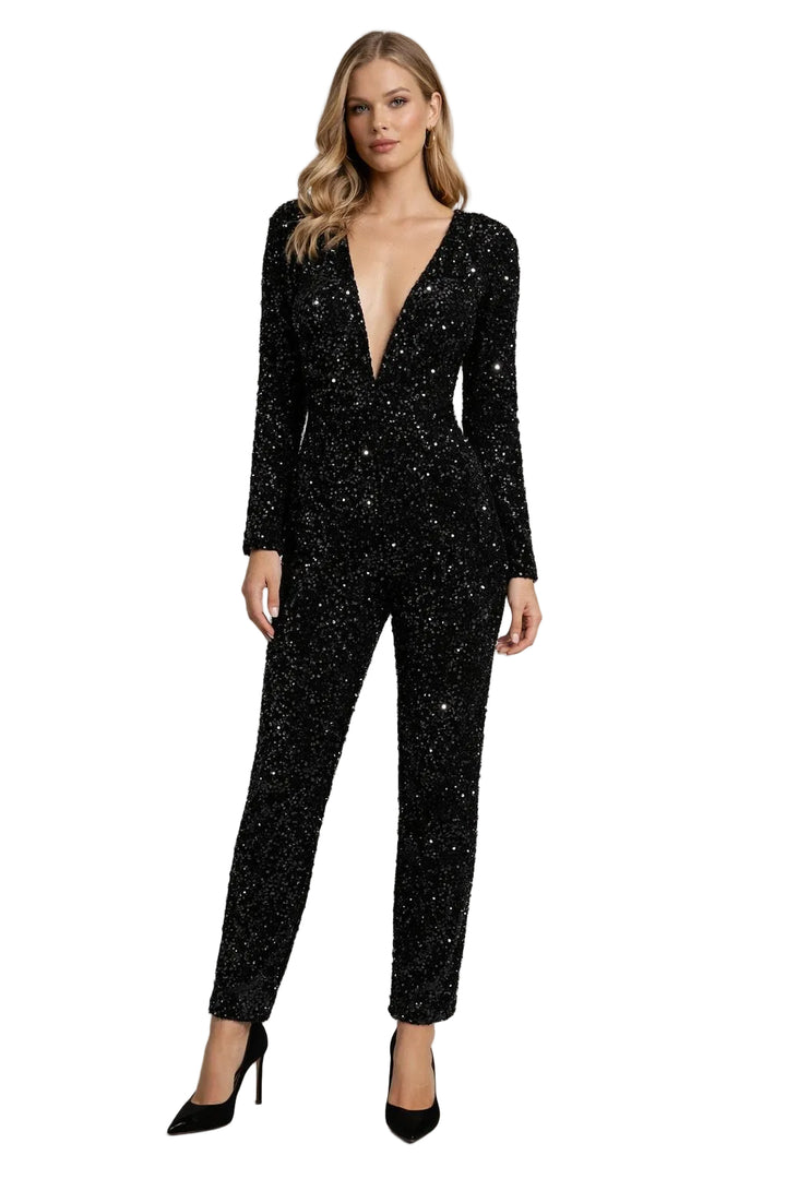 Black sequin jumpsuit | SHAILO JUMPSUIT BY RUNWAY SECRETS