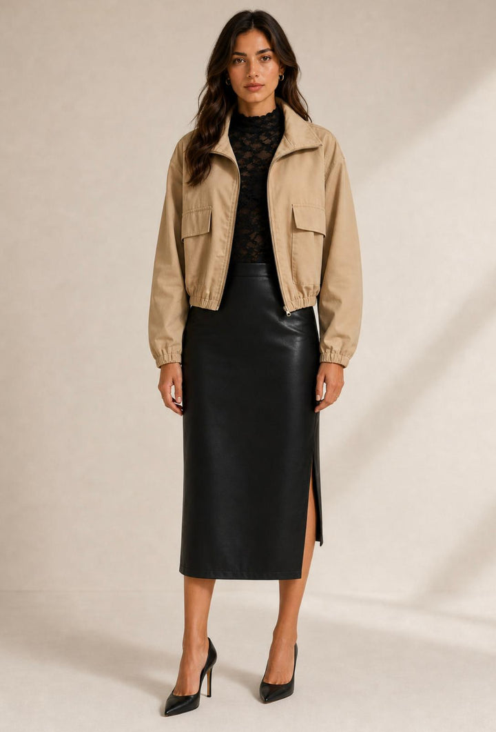 NOIR ELEGANCE VEGAN LEATHER MIDI SKIRT BY SURII