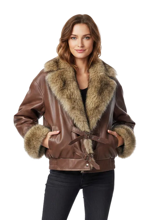 Faux Leather Jacket with Faux Fur Trim by Seven Seventy