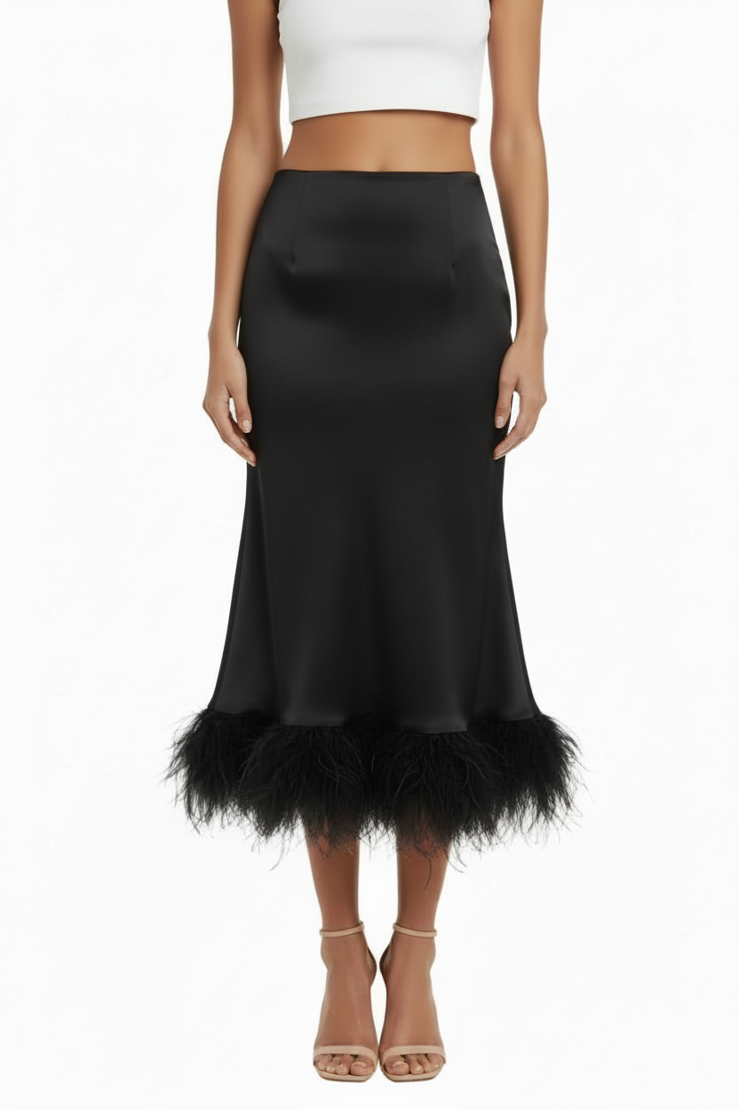 Long satin feather skirt | GLAMOUR SUIT SKIRT BY SEVEN SEVENTY