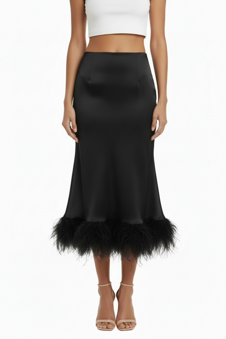 Long satin feather skirt | GLAMOUR SUIT SKIRT BY SEVEN SEVENTY