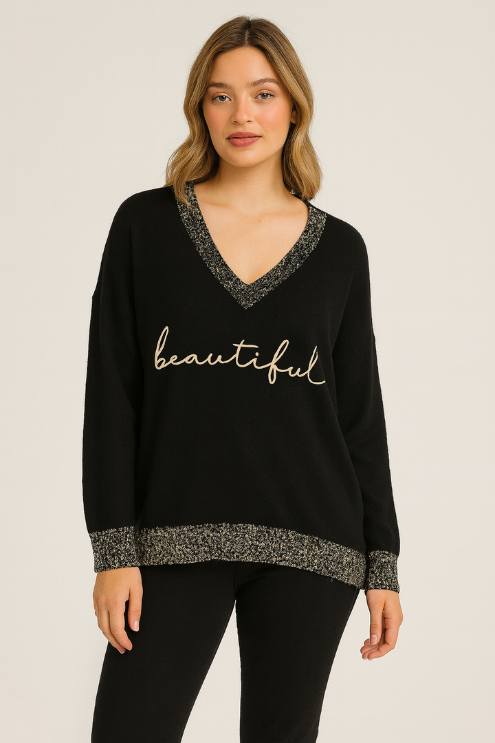 Beautiful Black Knit Jumper with Gold Trim