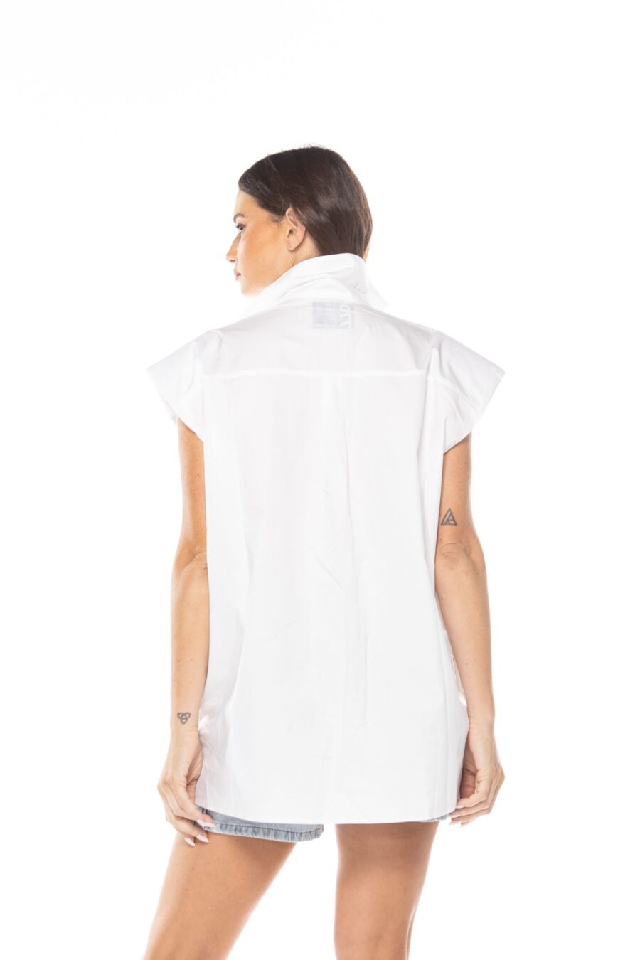 White shoulder padded short sleeve denim shirt | Runway Secrets