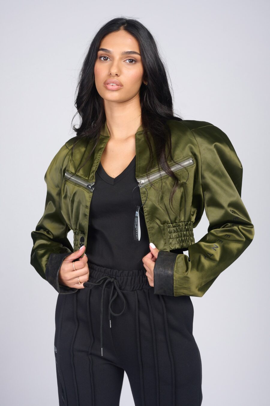 Green cropped satin bomber jacket | Runway Secrets