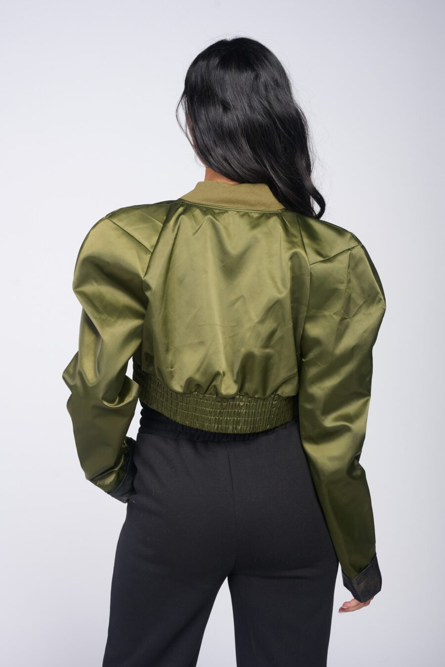 Green cropped satin bomber jacket | Runway Secrets