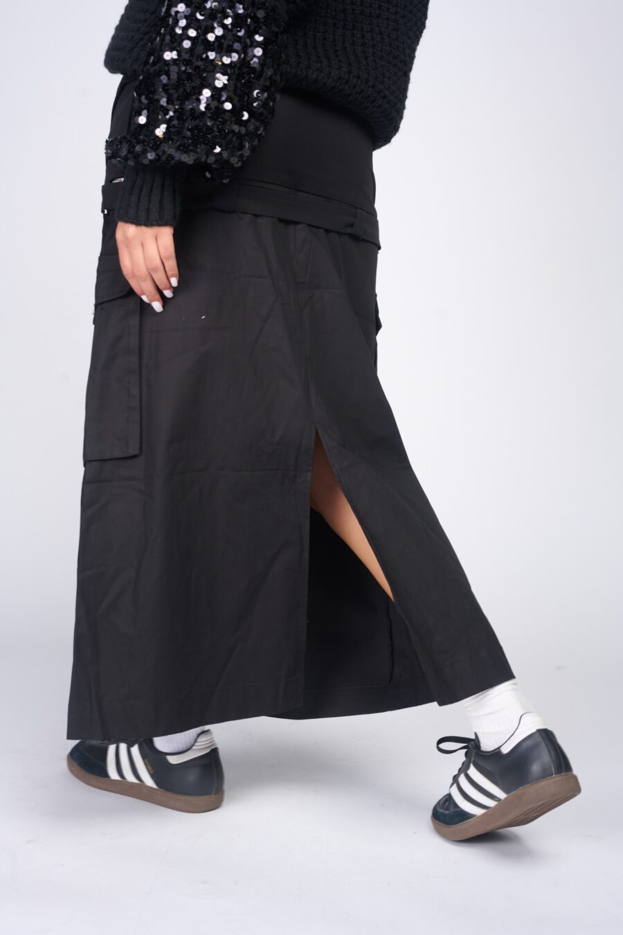 Seven Seventy black cargo maxi skirt at Runway Secrets