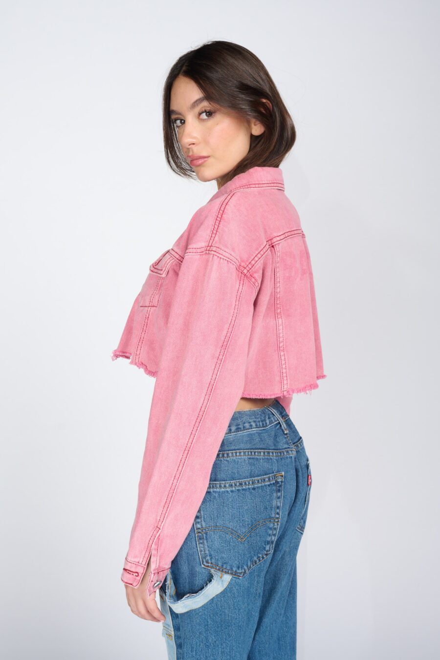 Pink cropped denim jacket | Runway Secrets