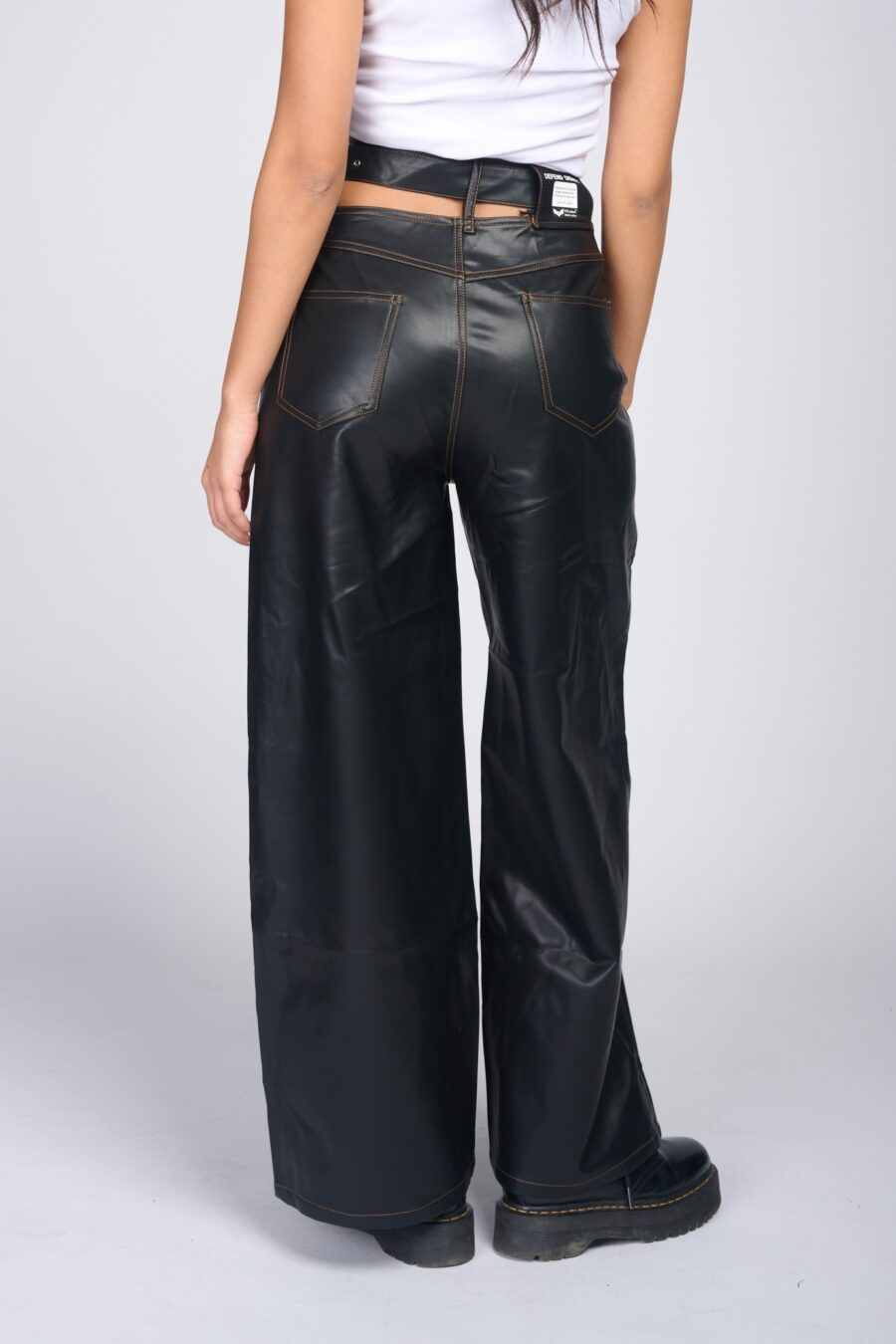 Black wide leg leather pants with suspended belt | Runway Secrets