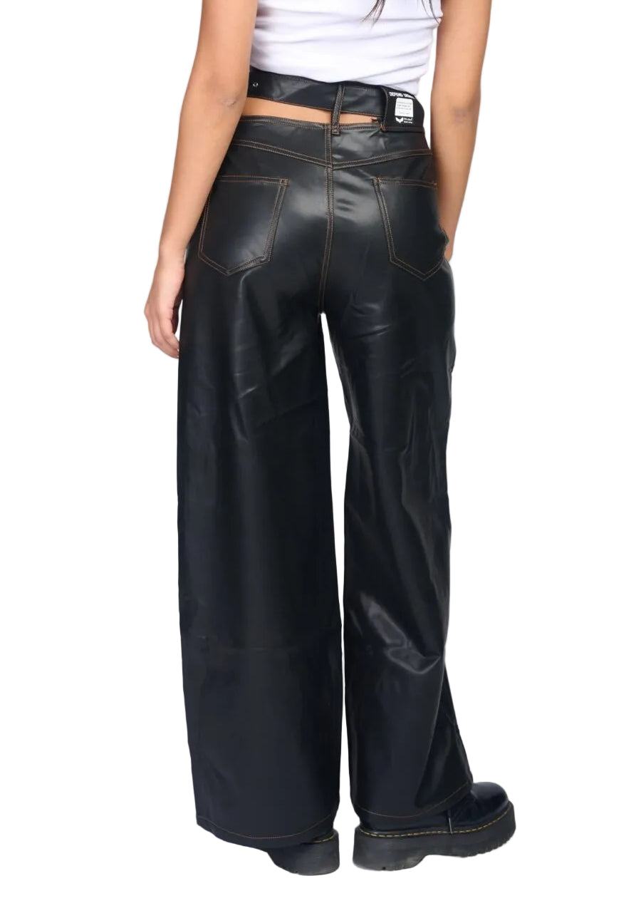 Black wide leg leather pants with suspended belt | Runway Secrets