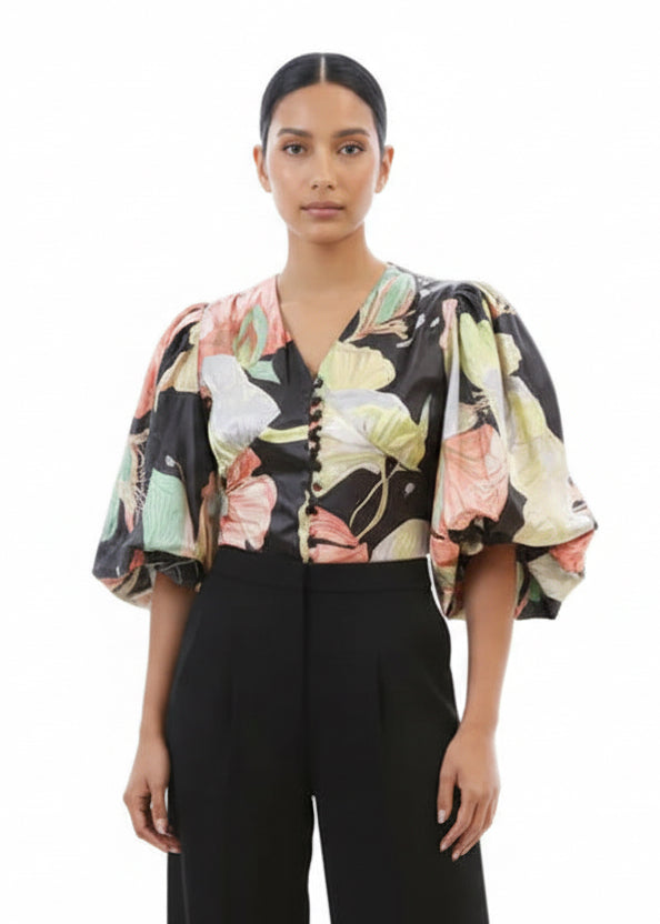 Tropical printed satin cropped blouse | Runway Secrets
