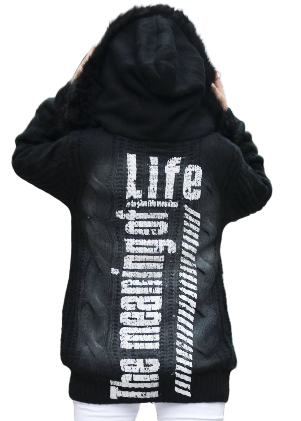 Black knitted jacket with faux fur hood | Runway Secrets