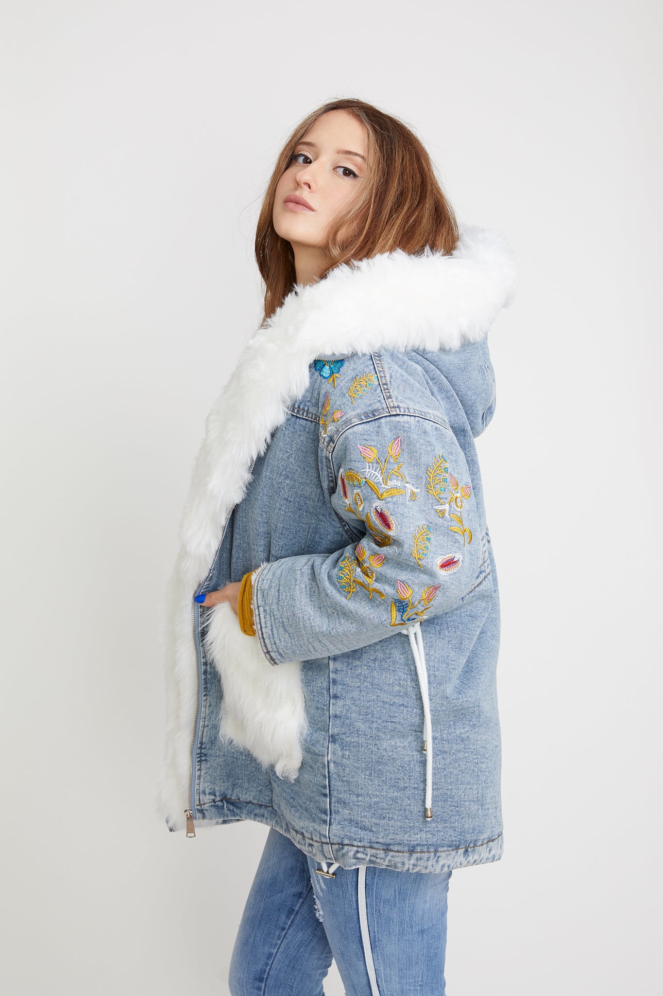 Denim Jacket with Gold Embroidered Flowers on Sleeves Runway Secrets